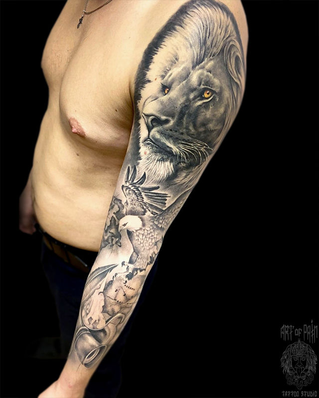 Татуировка мужская реализм тату-рукав лев и орел – Мастер тату: 
