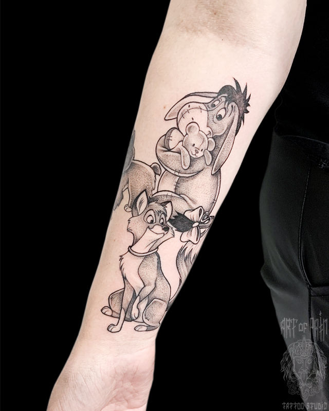Татуировка женская графика на предплечье ослик и лис – Мастер тату: Мария Бородина (Челнокова)