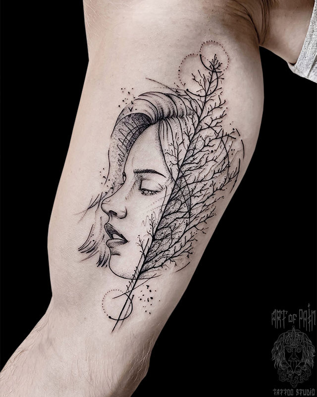 Татуировка мужская графика на руке девушка – Мастер тату: Мария Котова