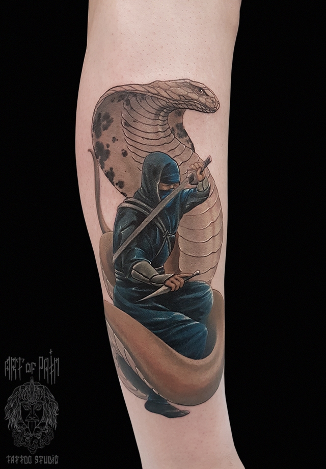Татуировка мужская нью-скул на голени ниндзя и змея – Мастер тату: 