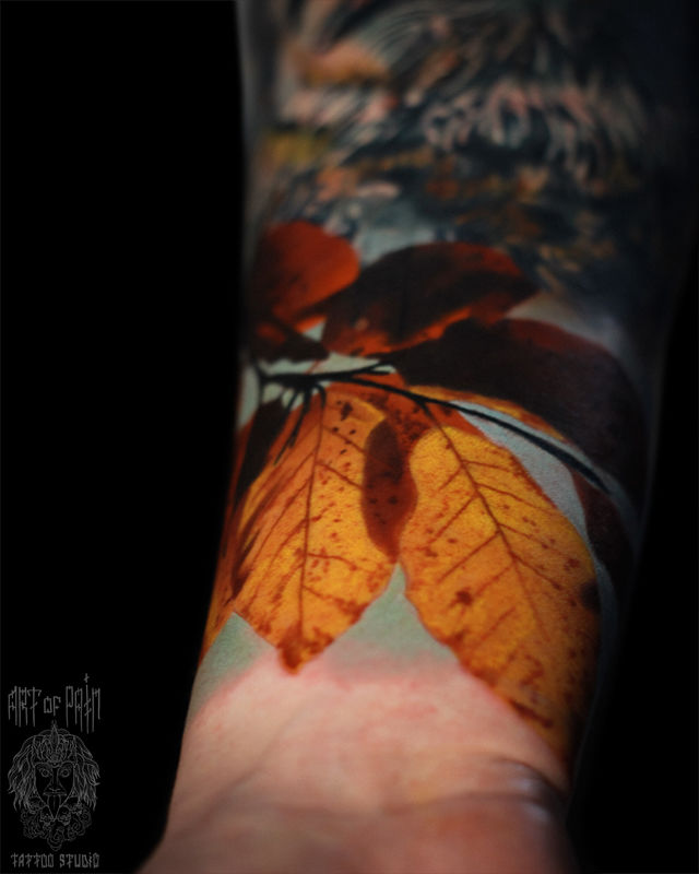 Татуировка мужская реализм на предплечье листья – Мастер тату: Александр Pusstattoo