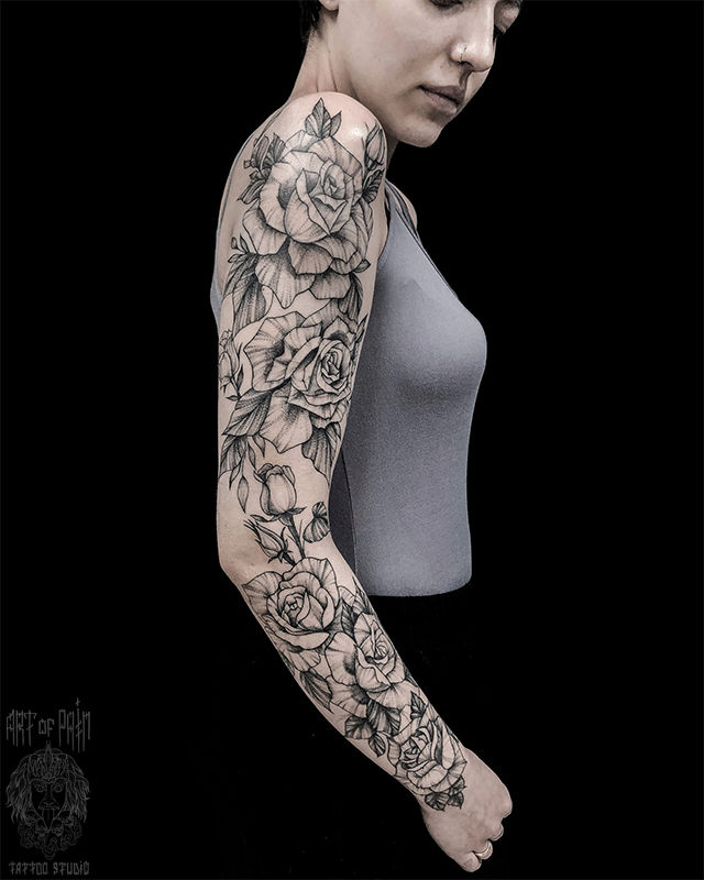 Татуировка женская графика тату-рукав розы – Мастер тату: Мария Котова