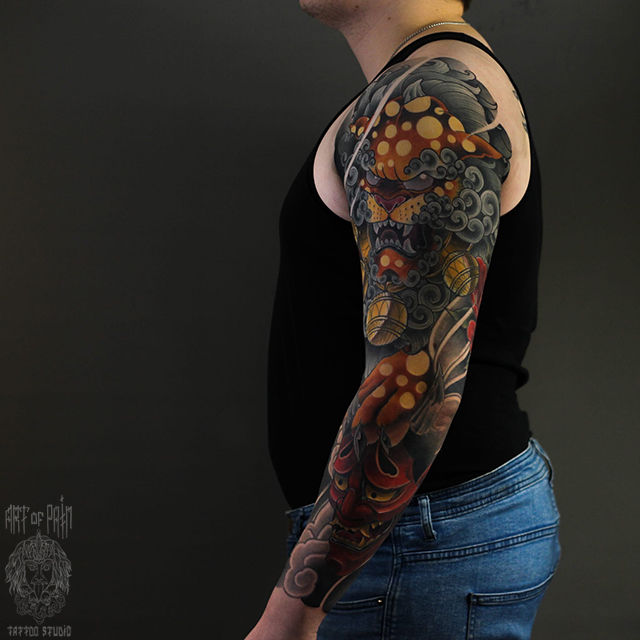 Татуировка мужская япония тату-рукав лев и ханья – Мастер тату: Марк Акулов