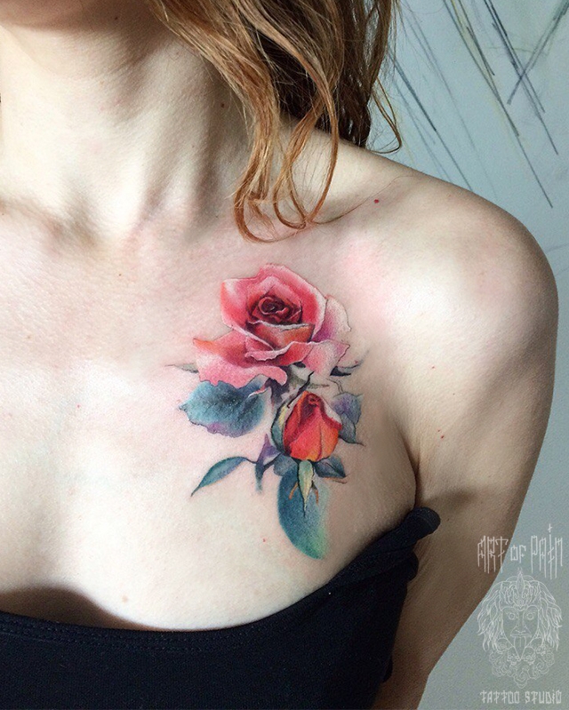 Татуировка женская реализм на ключице роза нежного розового цвета – Мастер тату: 