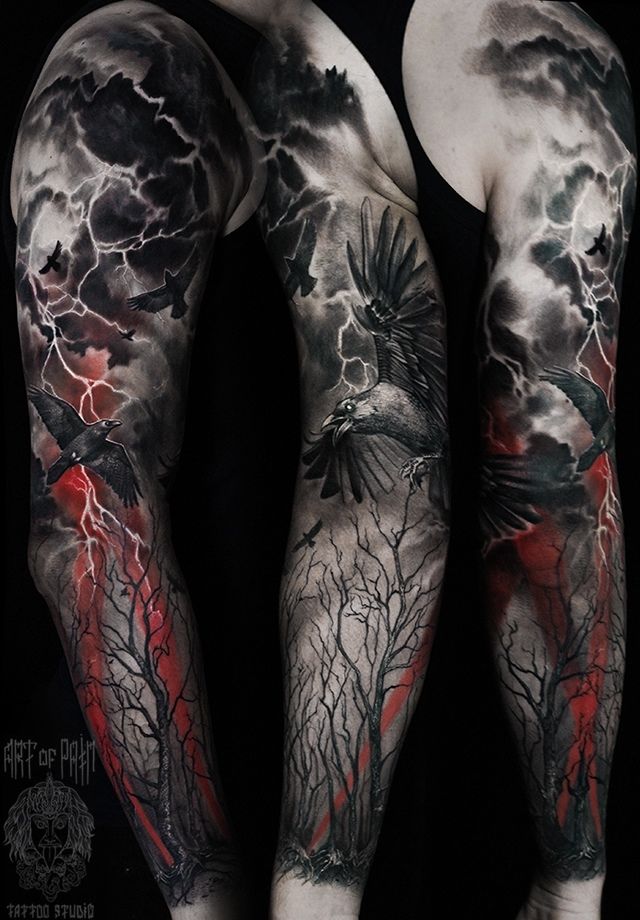 Татуировка мужская реализм тату-рукав лес и вороны – Мастер тату: Слава Tech Lunatic