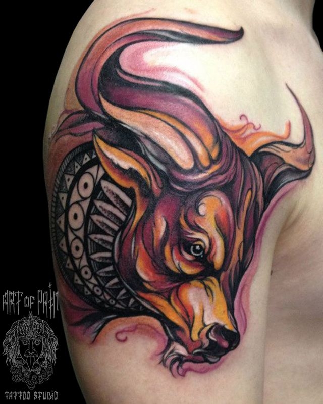 Татуировка мужская акварель на плече бык – Мастер тату: 