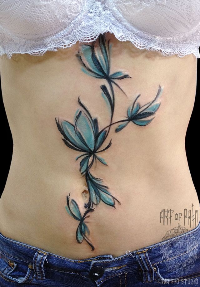 Татуировка женская акварель на животе цветы – Мастер тату: 