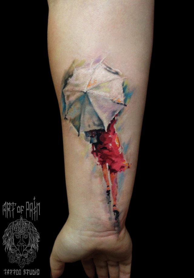 Татуировка мужская акварель на запястье девушка с зонтиком – Мастер тату: 
