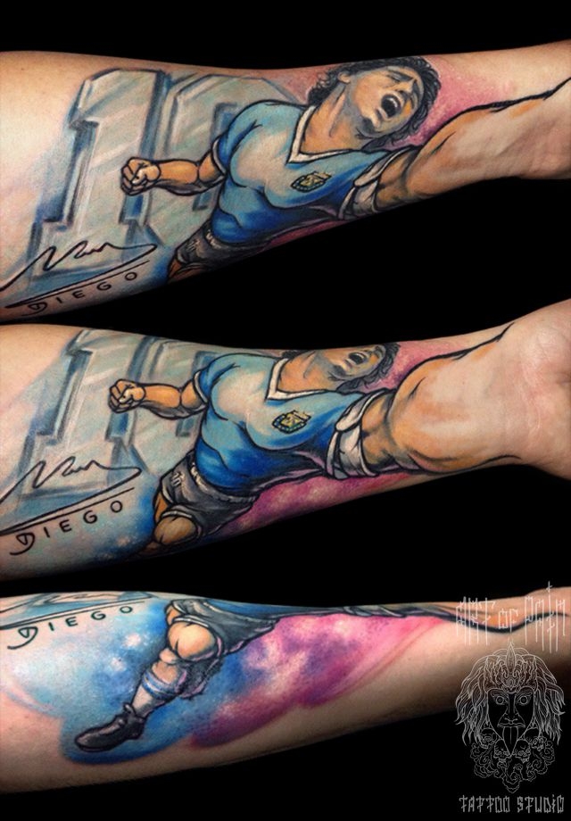 Татуировка мужская акварель на предплечье Марадонна – Мастер тату: 
