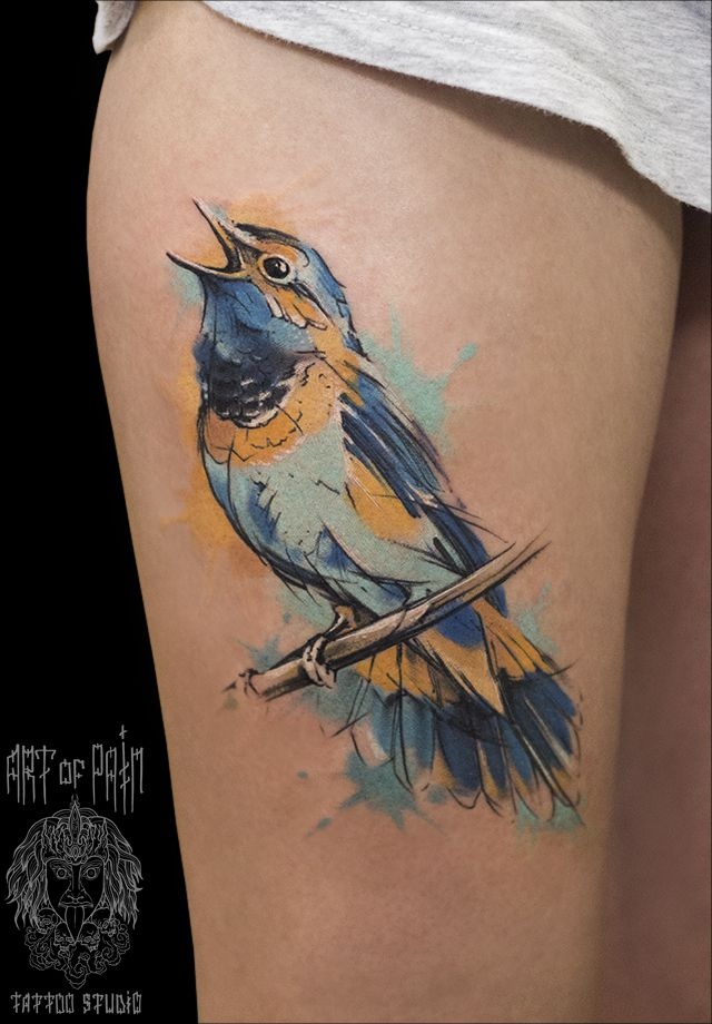 Татуировка женская акварель на бедре птица – Мастер тату: 