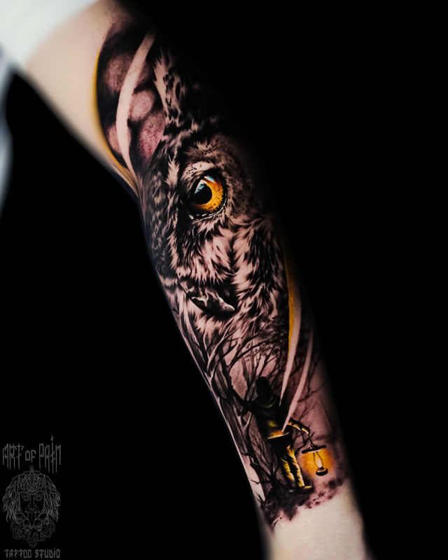 Татуировка мужская реализм на руке филин – Мастер тату: Дмитрий Шейб