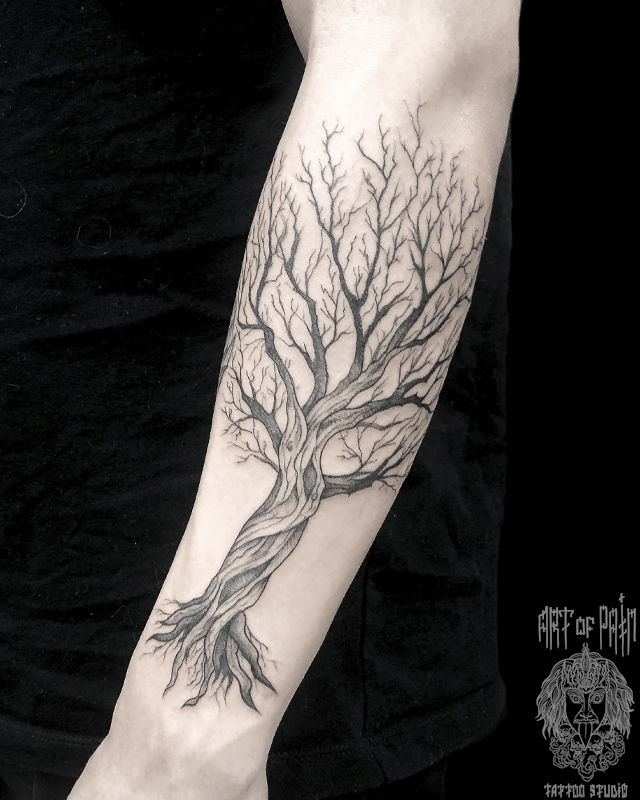 Татуировка мужская графика на предплечье дерево без листьев – Мастер тату: Мария Котова