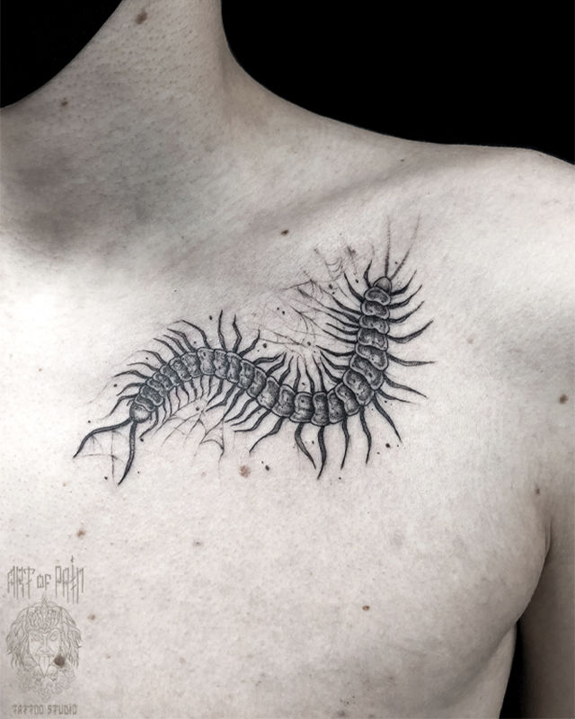 Татуировка мужская графика на груди мукаде – Мастер тату: Мария Котова