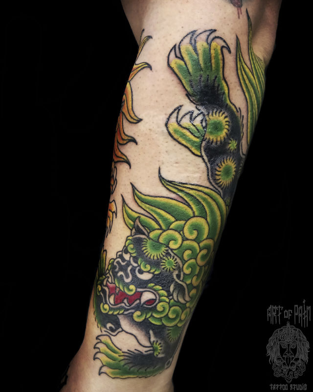 Татуировка мужская япония на предплечье зеленый лев – Мастер тату: 