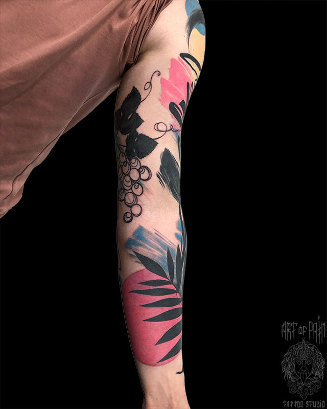Татуировка мужская акварель тату-рукав виноград, растения – Мастер тату: Анастасия Родина