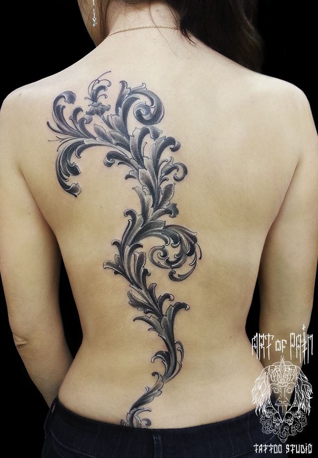 Татуировка женская Black&Grey на спине барокко – Мастер тату: 