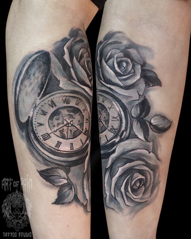 Татуировка женская Black&Grey на предплечье часы – Мастер тату: 