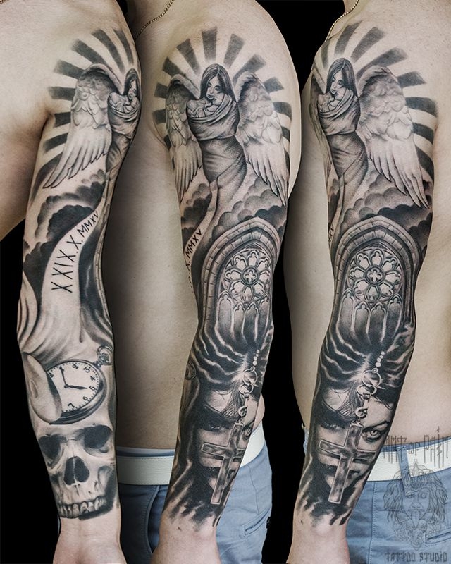 Татуировка мужская Black&Grey рукав череп и готический витраж – Мастер тату: 