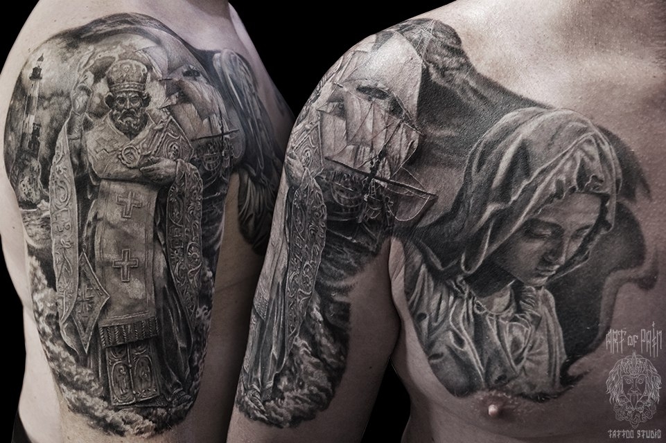 Татуировка мужская Black&Grey на груди: Митрополит и Дева Мария – Мастер тату: 