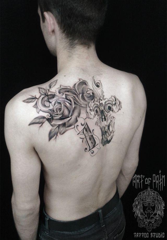 Татуировка мужская Black&Grey на спине цветы – Мастер тату: 