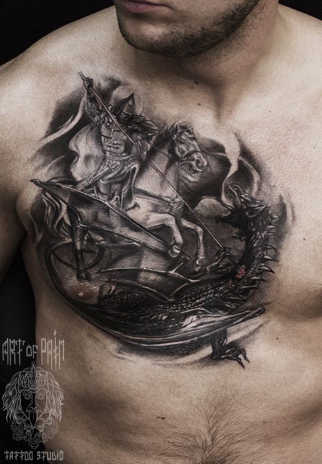Татуировка мужская Black&Grey на груди дракон – Мастер тату: Слава Tech Lunatic