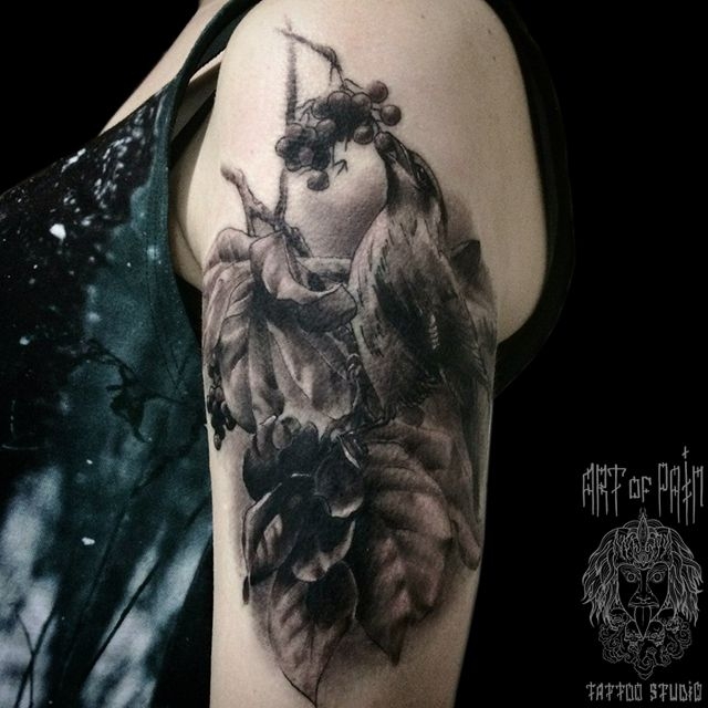 Татуировка женская Black&Grey на плече листья рябины и птица – Мастер тату: 
