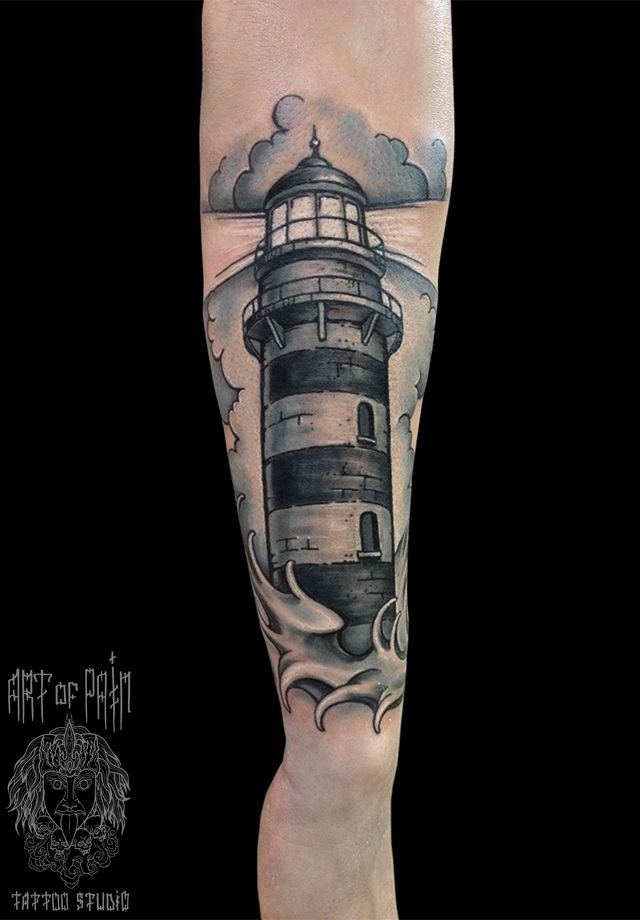 Татуировка мужская Black&Grey на предплечье маяк – Мастер тату: 
