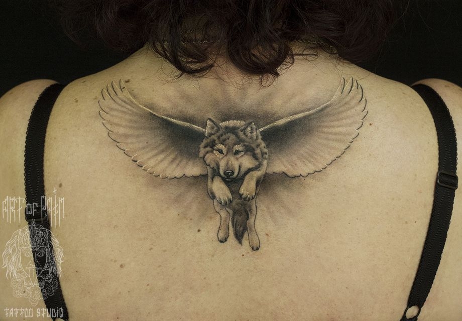 Татуировка женская Black&Grey на спине крылатый волк – Мастер тату: 
