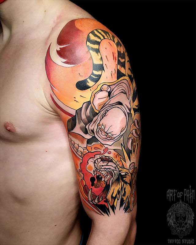 Татуировка мужская нью-скул на плече боец и тигр – Мастер тату: 