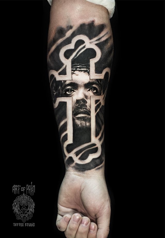 Татуировка мужская чикано на предплечье Иисус – Мастер тату: Слава Tech Lunatic