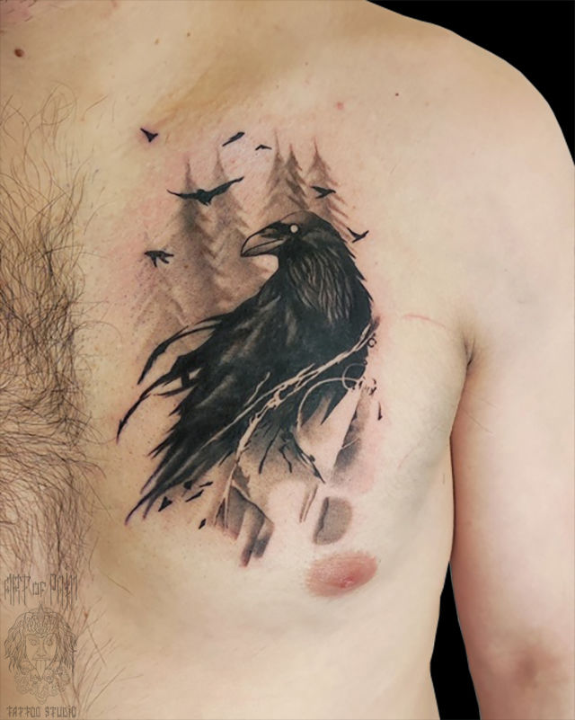Татуировка мужская реализм на груди ворон – Мастер тату: 