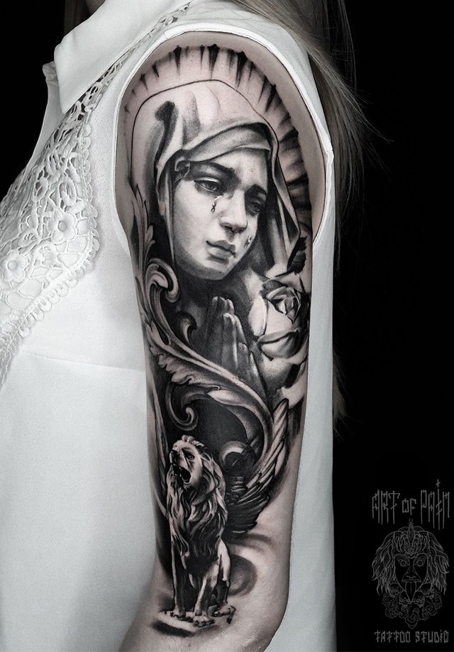 Татуировка женская black&grey на плече дева Мария – Мастер тату: 