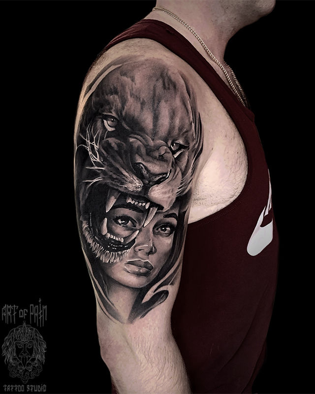 Татуировка мужская реализм на плече девушка и лев – Мастер тату: 