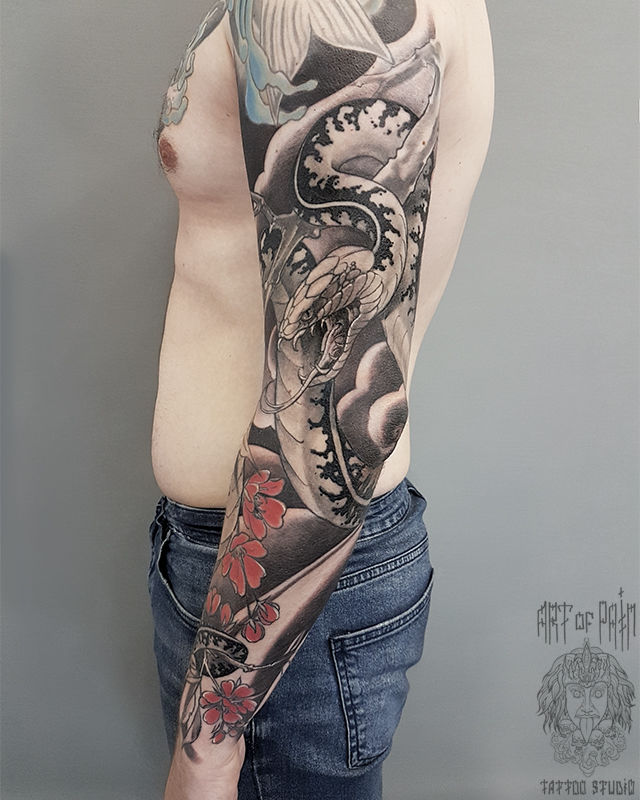 Татуировка мужская япония тату-рукав змея и сакура – Мастер тату: 