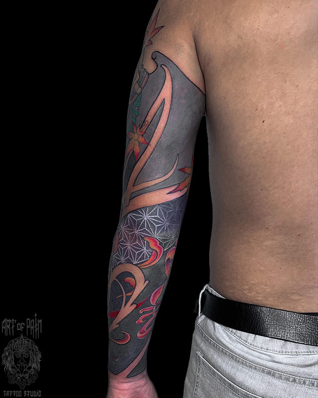 Татуировка мужская япония и орнаментал тату-рукав кленовый лист, узор – Мастер тату: 