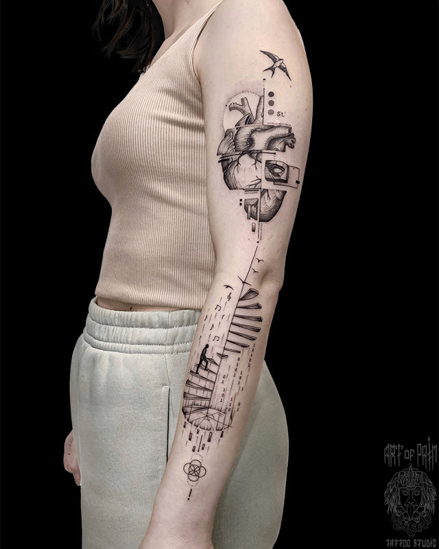 Татуировка женская графика на руке сердце, человек, лестница – Мастер тату: Мария Котова