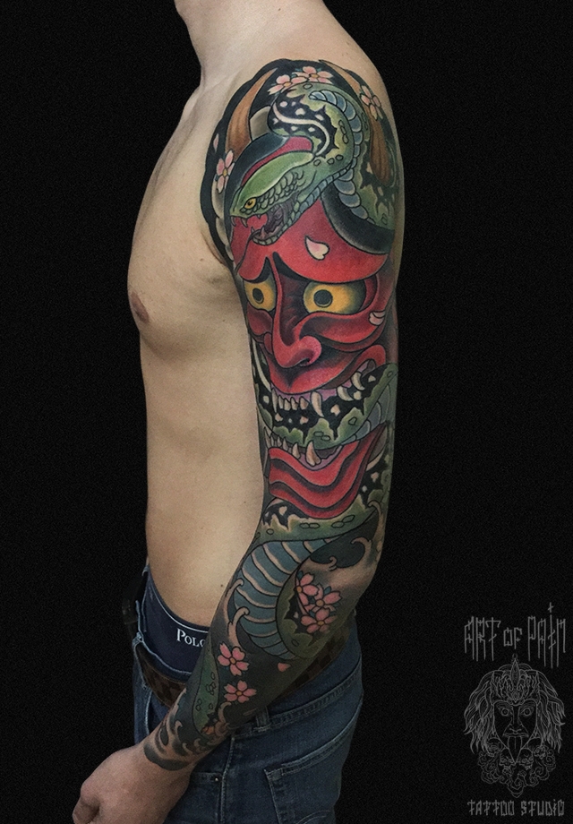 Татуировка мужская япония тату-рукав маска ханья – Мастер тату: Ольга Добрякова
