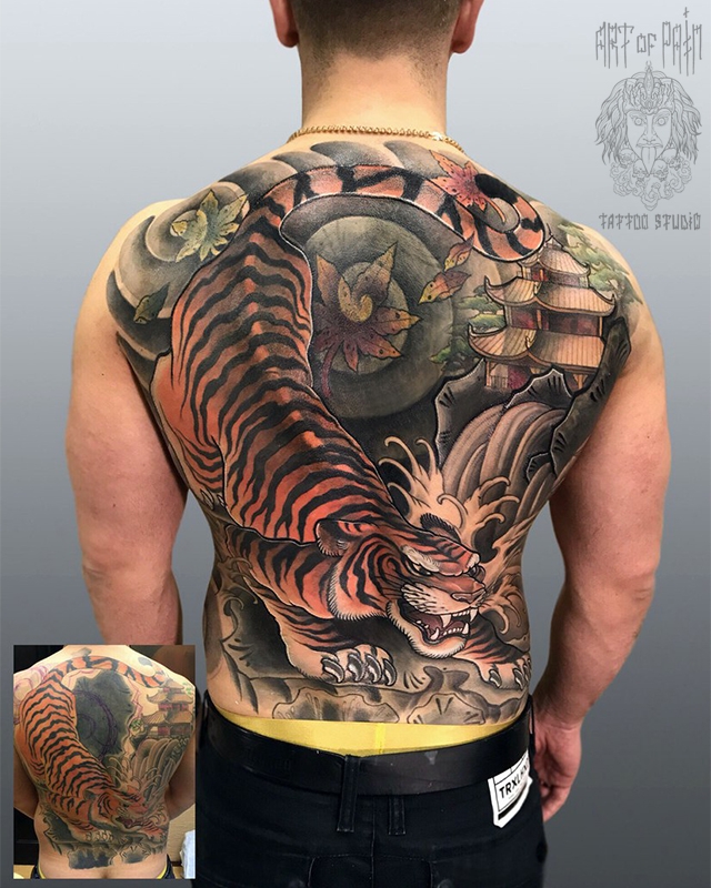 Татуировка мужская япония на спине тигр и пагода кавер – Мастер тату: 