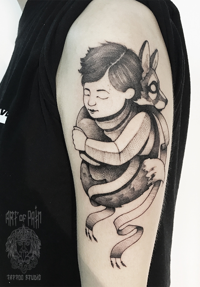 Татуировка женская дотворк на плече Маленький принц – Мастер тату: 