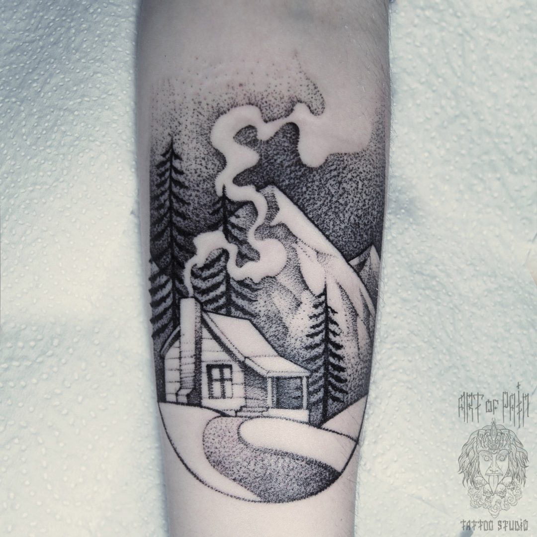 Татуировка мужская дотворк на предплечье горный пейзаж – Мастер тату: 