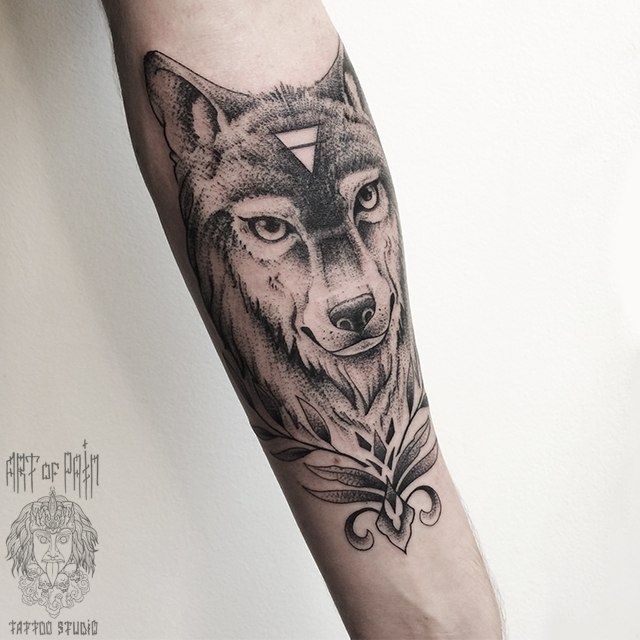Татуировка женская дотворк на предплечье волк с узором – Мастер тату: 