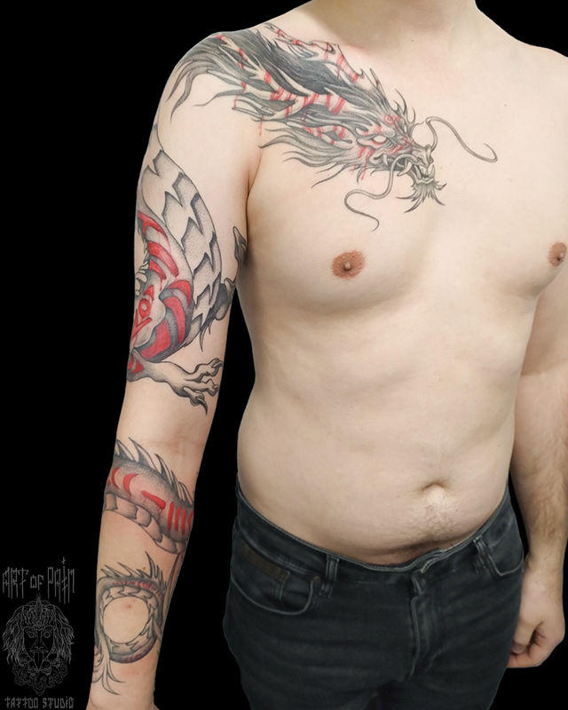 Татуировка мужская графика тату-рукав дракон – Мастер тату: Анастасия Родина