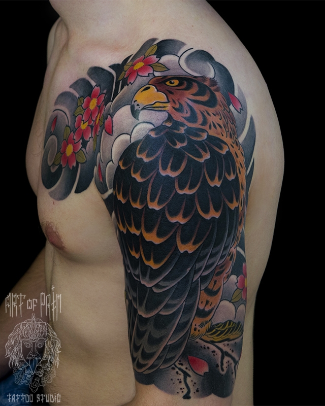 Татуировка мужская япония на плече орёл – Мастер тату: Марк Акулов