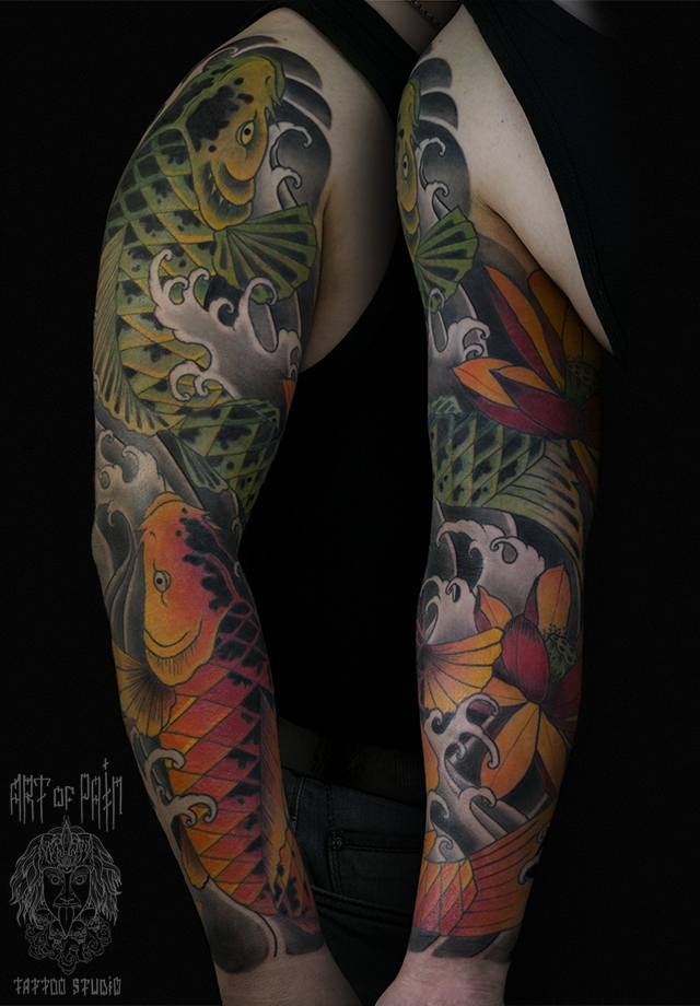 Татуировка мужская япония тату-рукав карпы кои – Мастер тату: Марк Акулов