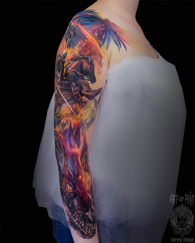 Татуировка женская фентези на тату-рукав рыцарь, птица и дракон – Мастер тату: 