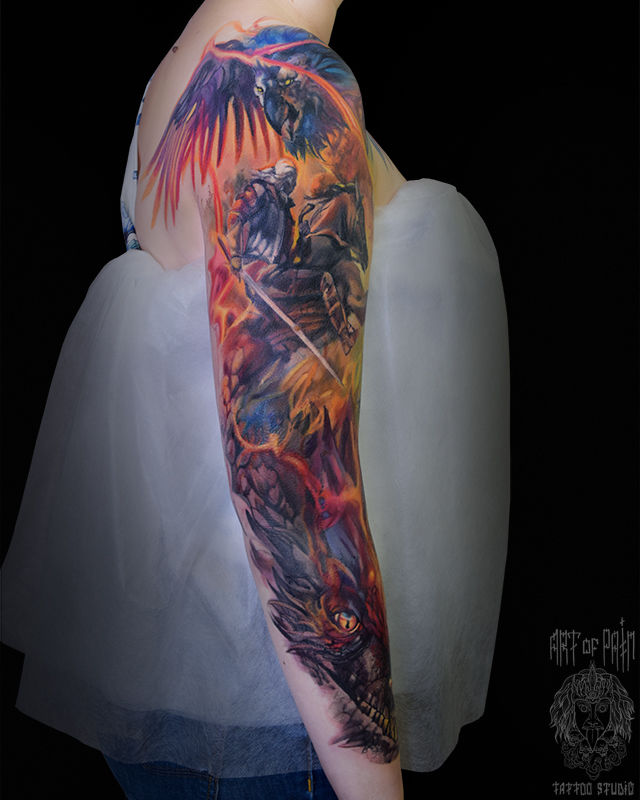 Татуировка женская фентези на тату-рукав всадник и дракон – Мастер тату: 