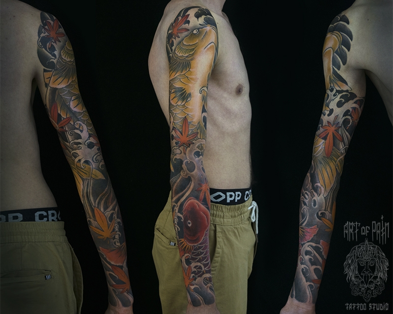 Татуировка мужская япония тату-рукав карп кои – Мастер тату: Марк Акулов