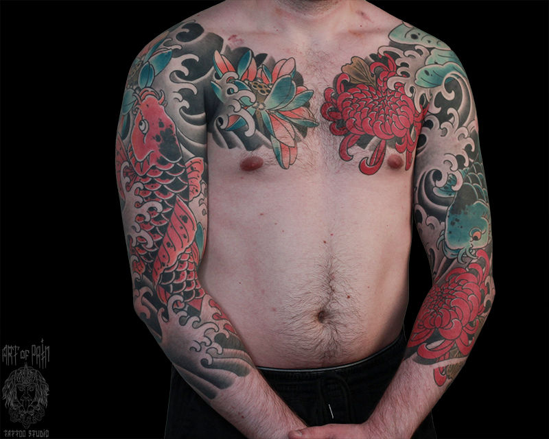 Татуировка мужская япония тату-рукава карпы и лотосы – Мастер тату: Марк Акулов