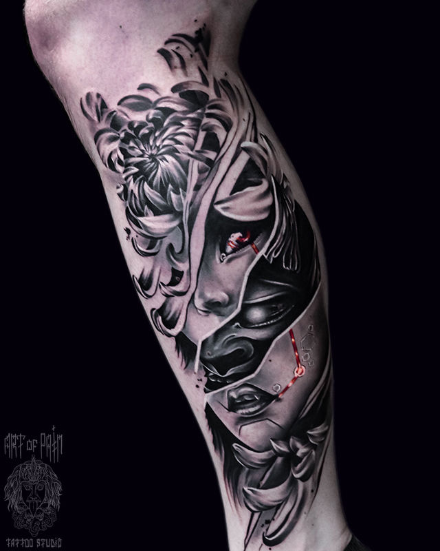 Татуировка мужская япония на голени девушка и маска – Мастер тату: Дмитрий Шейб
