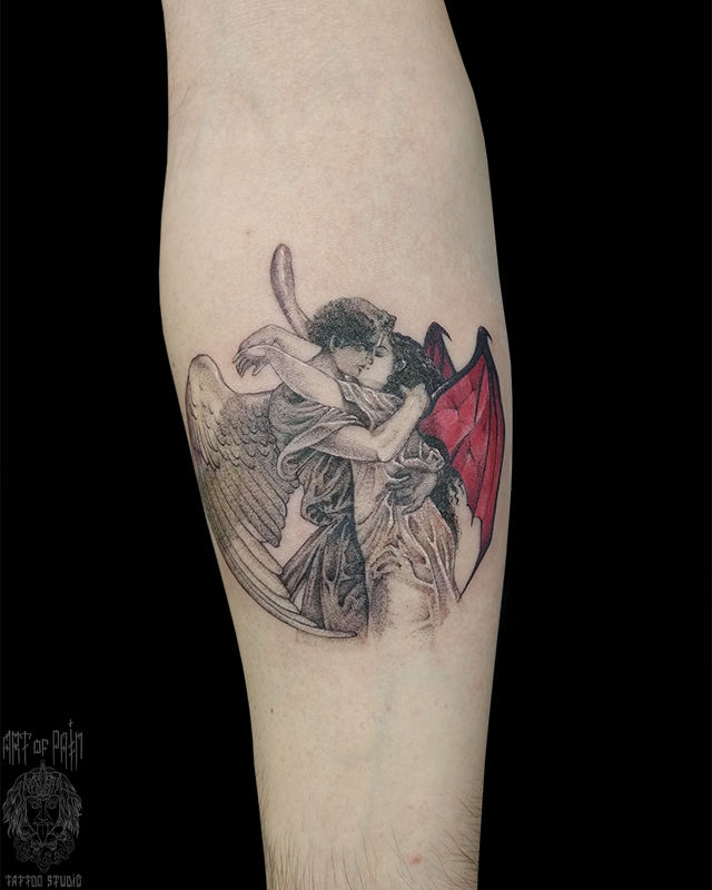 Татуировка женская графика на предплечье ангел и демон – Мастер тату: Анастасия Родина